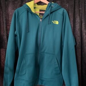 The North Face Teal Zip-Up Hoodie with Lime Interior